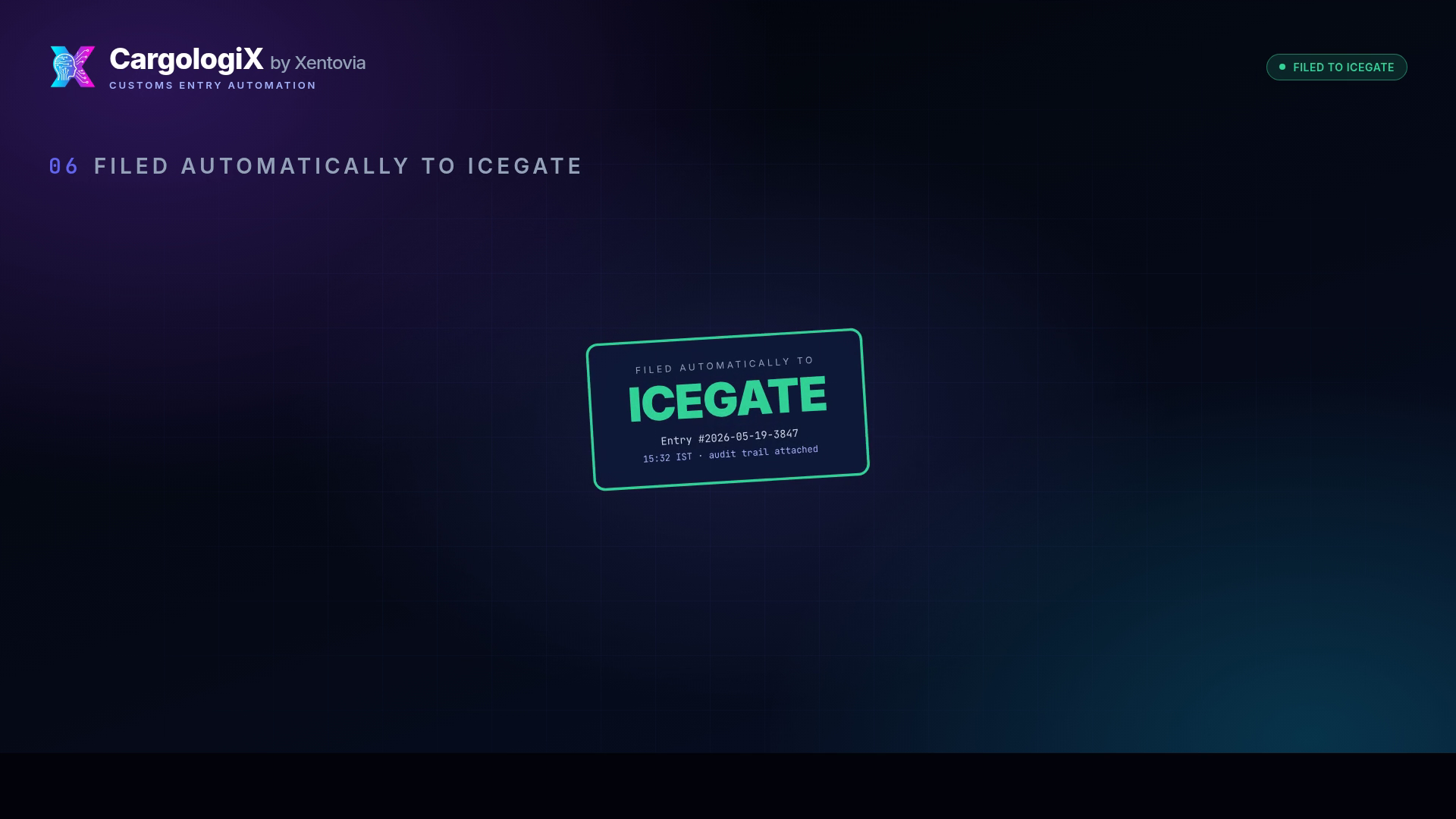 CargologiX workflow preview &mdash; customs entries filed to ICEGATE in 15 minutes