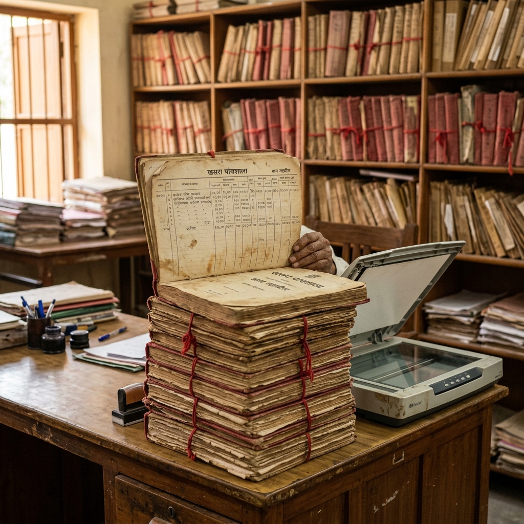 Stacked land registers on a wooden desk being prepared for scanning
