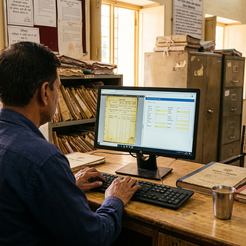 Operator reviewing scanned register and structured form on a monitor