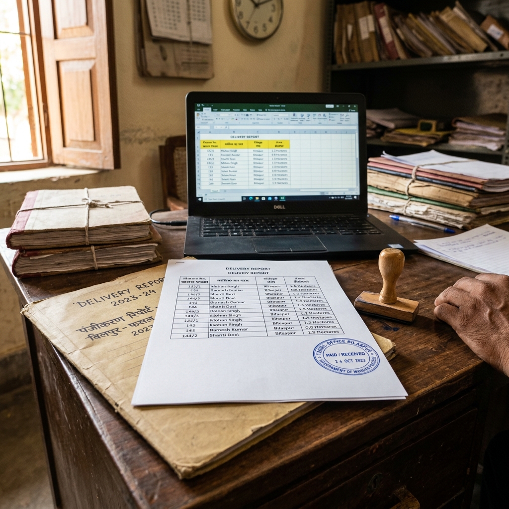 Delivery report with government rubber stamp on a wooden desk