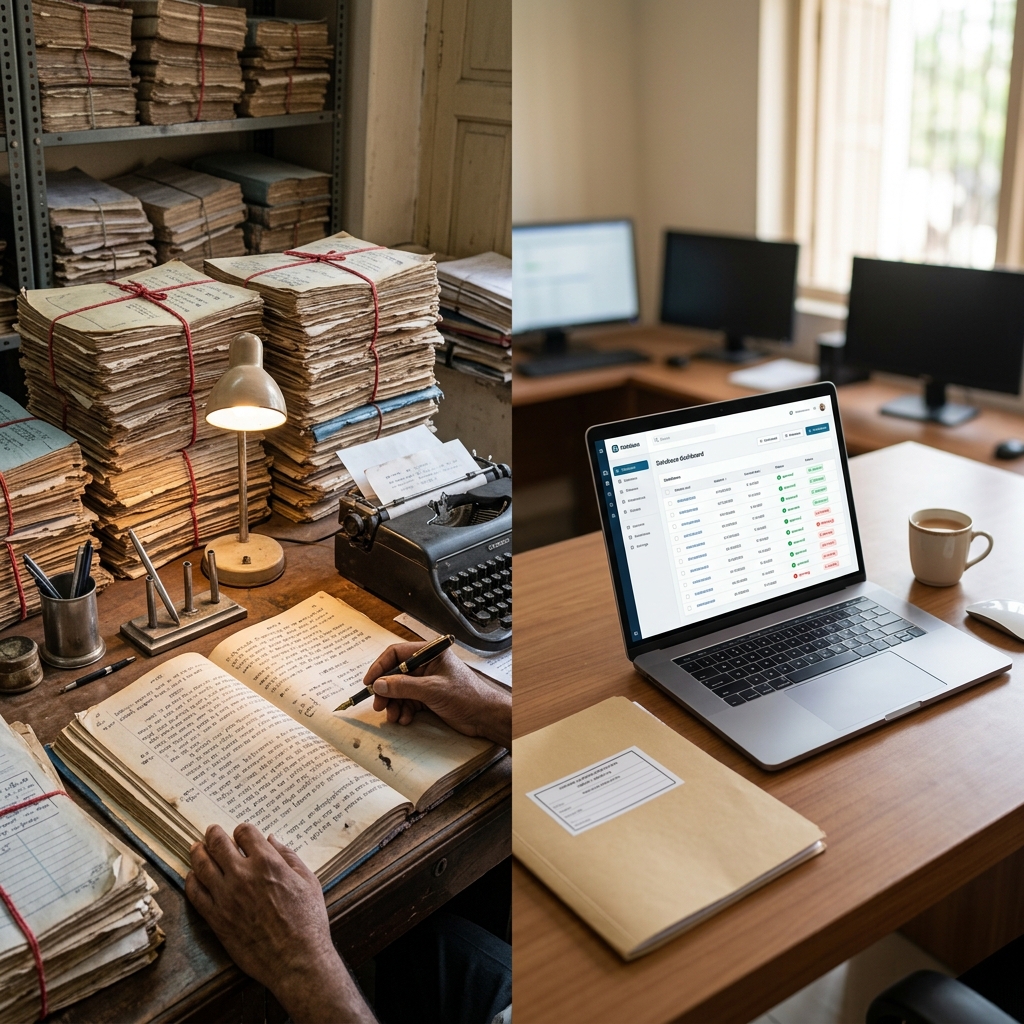 Cluttered record room with stacked handwritten ledgers contrasted with a clean digital dashboard on a laptop