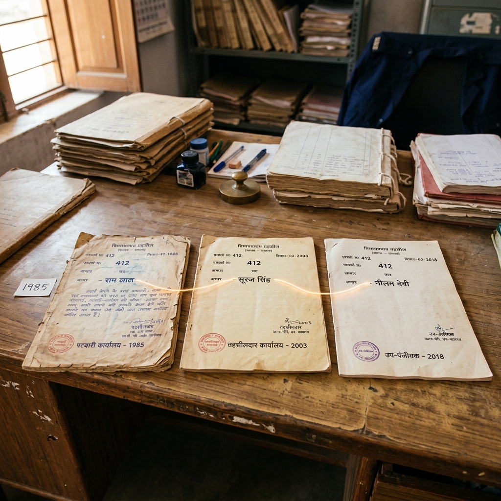 Three register entries for the same parcel across 1985, 2003, and 2018 showing the chain of ownership
