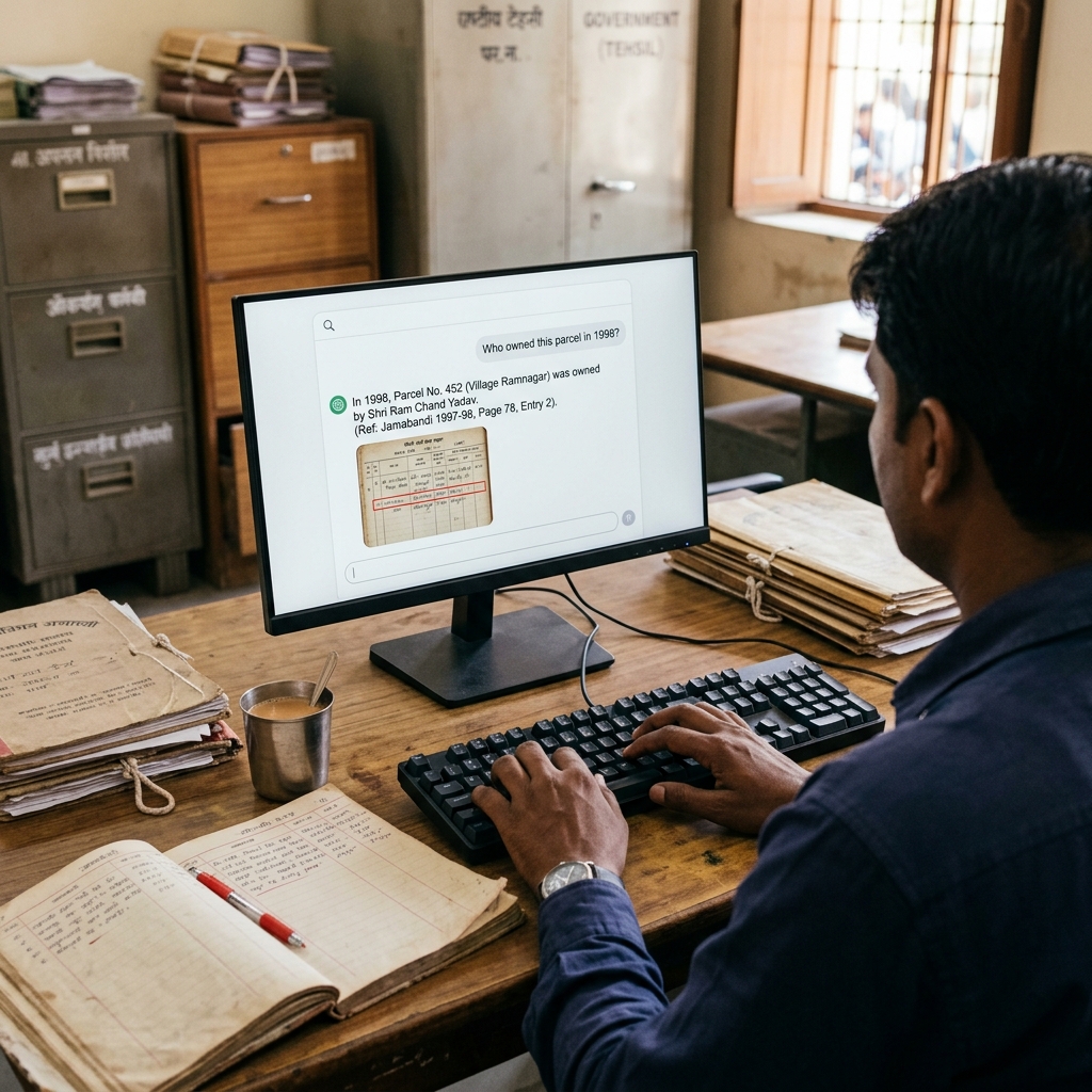 Operator asking a plain-language question and receiving a cited answer with the source register page