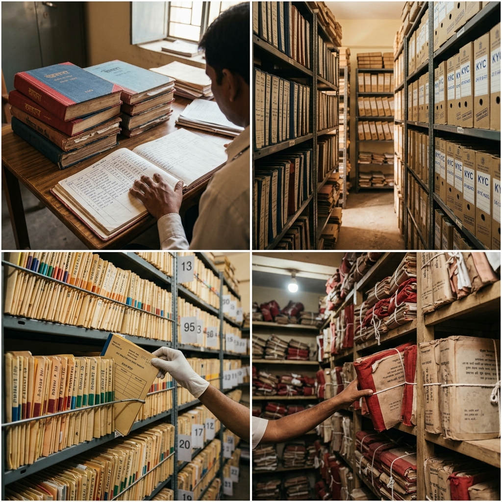 Four regulated record-keeping environments: a land register room, a KYC bank archive, a hospital file room, and a court records vault