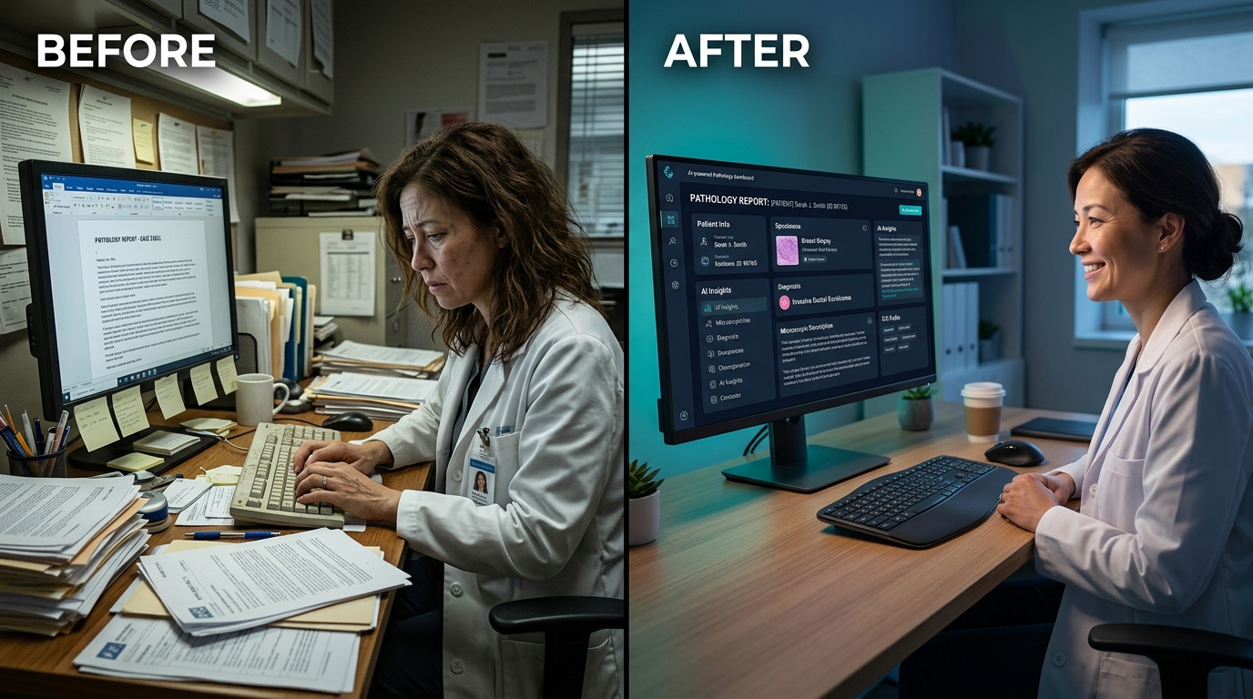 Before: cluttered desk with paper reports. After: clean desk with AI-powered pathology dashboard